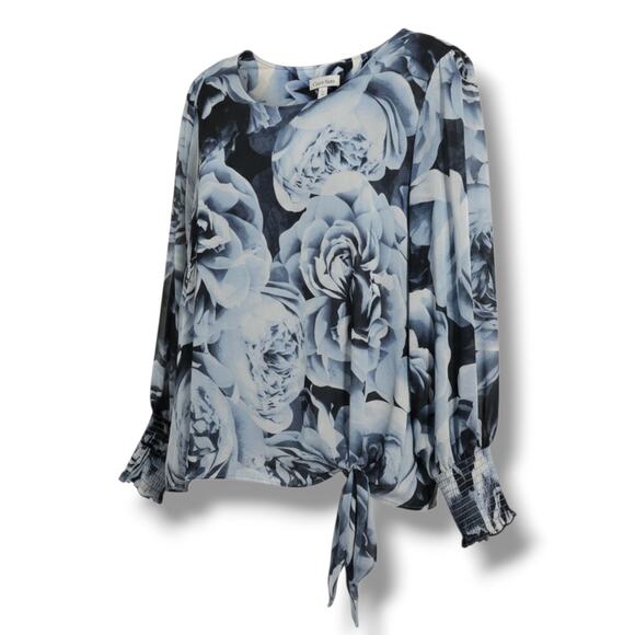 Calvin Klein Women’s Floral Tie-Hem Blouse 2X Blue Print Lined Stretch Top - Picture 1 of 8